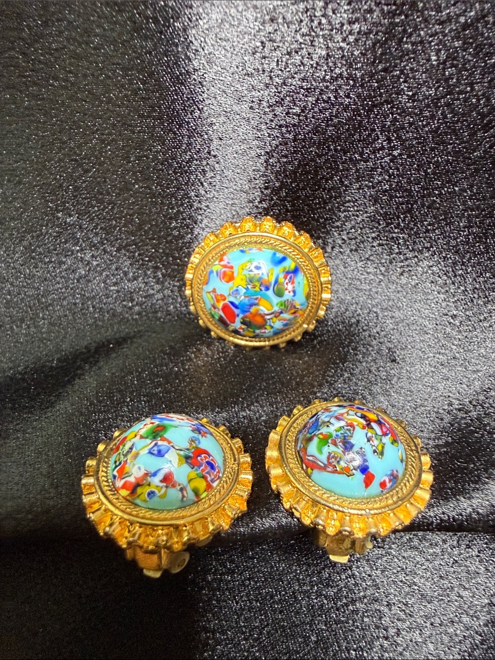 Vintage Gold-Tone Millefiori Glass Clip-On Earrings and Brooch Set - Austria